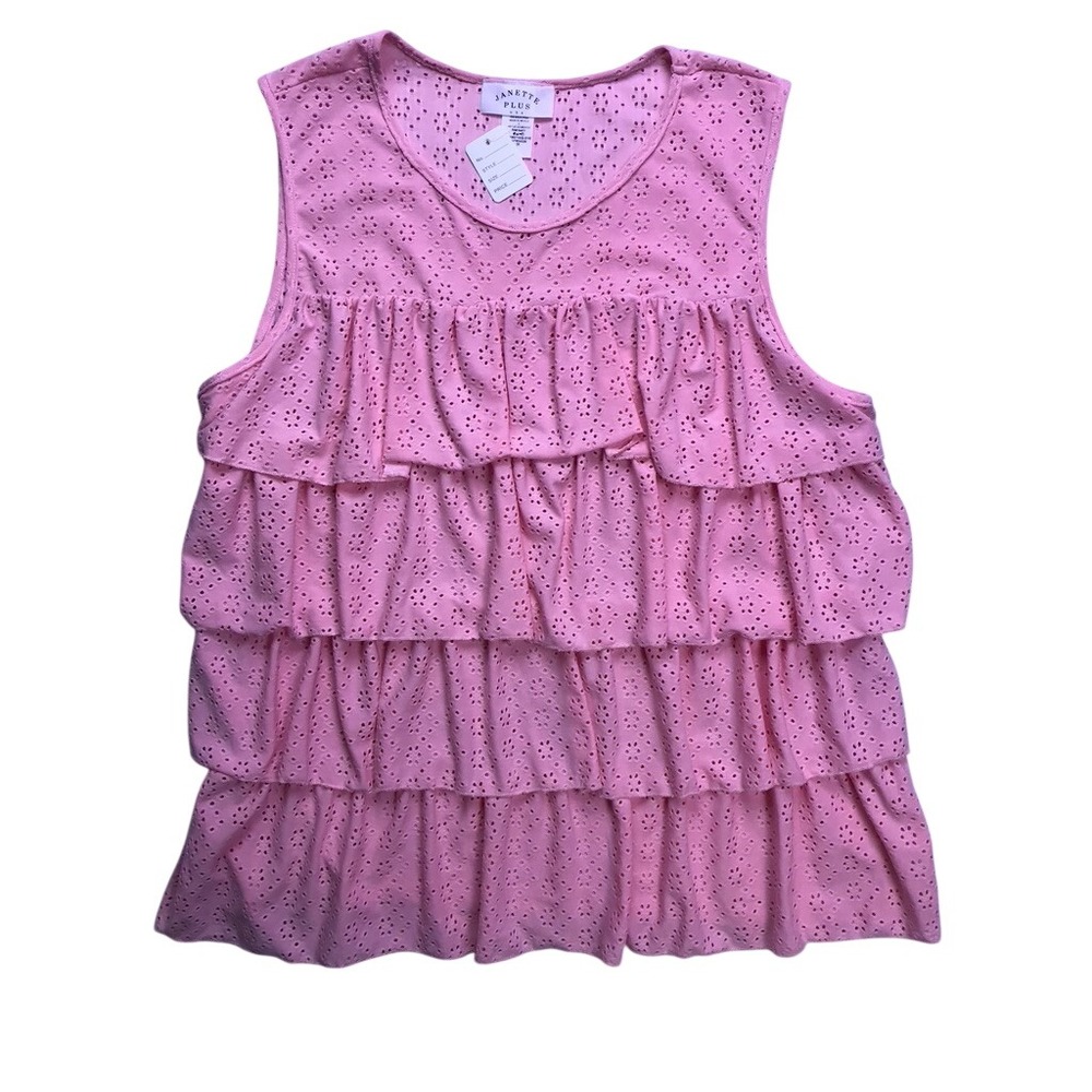 Janette Plus Tiered Tank Top Womens 3X Pink Eyelet Ruffle ST1020-EYE Sleeveless
